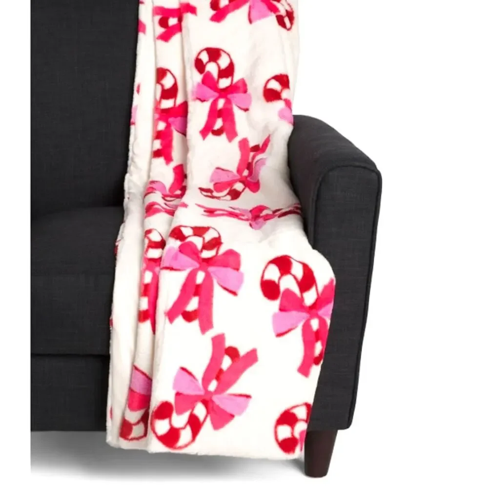 Rachel Roy CANDY CANE BOW Christmas Throw Blanket Oversized Faux Fur 50x70 New